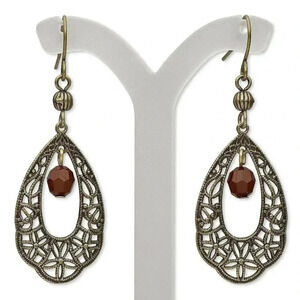 Lacy Victorian Antique Brass Filigree Teardrop Faceted Bead Dangle Earrings